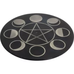 Pentagram Moon Phases Incense Plate - Soapstone With Silver Inlay